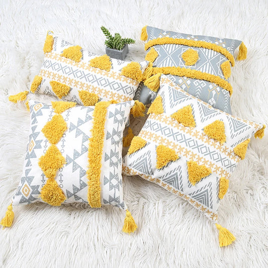 Yellow Geometric Tufted Throw Pillow Cover with Tassels – 18x18in Boho Home Decor Accent for Couch, Sofa & Bed Housewarming Gift