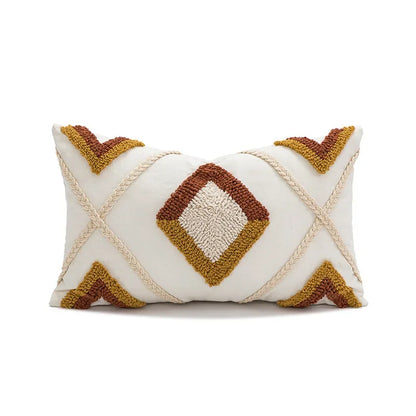 Decorative pillow with geometric pattern on a white background Nordic blue tufted cushion cover with geometric stripe and grid crochet pattern, tassel pillow cover for sofa, bed, and boho home decor