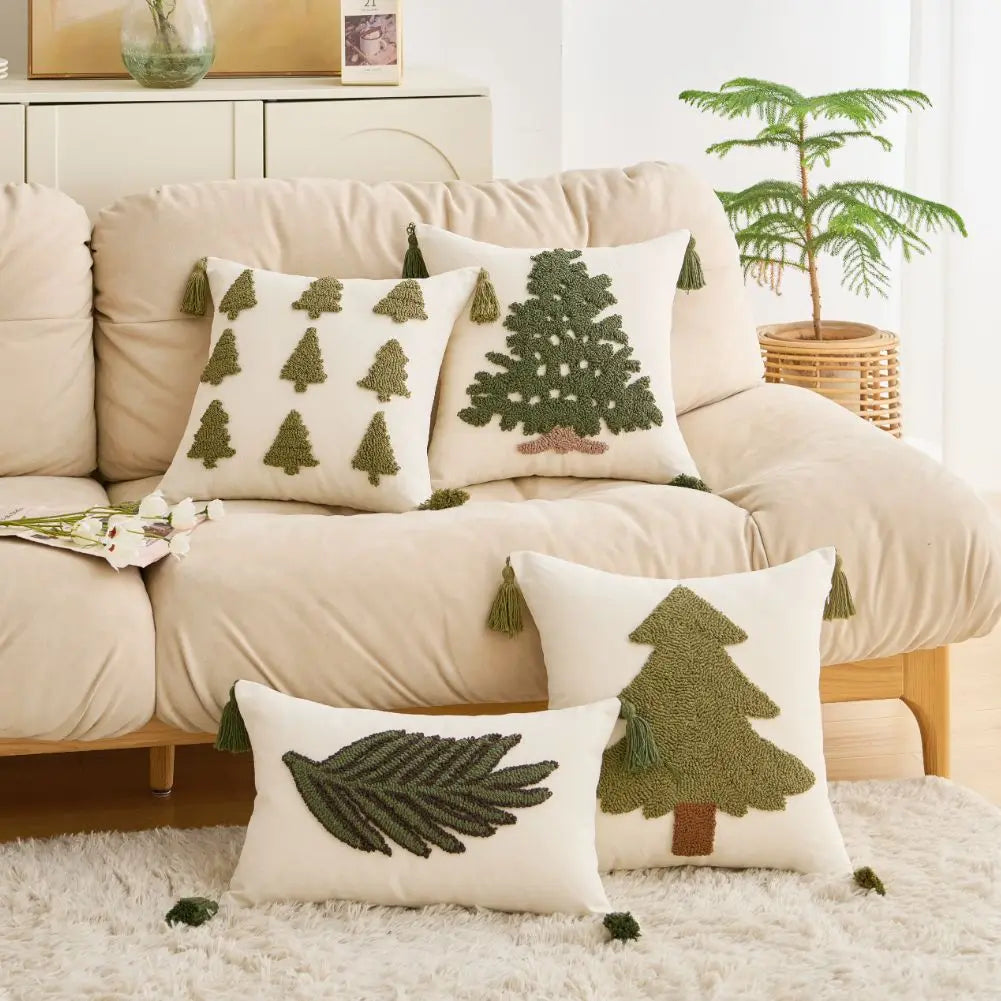 Tufted Pine Tree Winter Cushion Cover with Tassels
