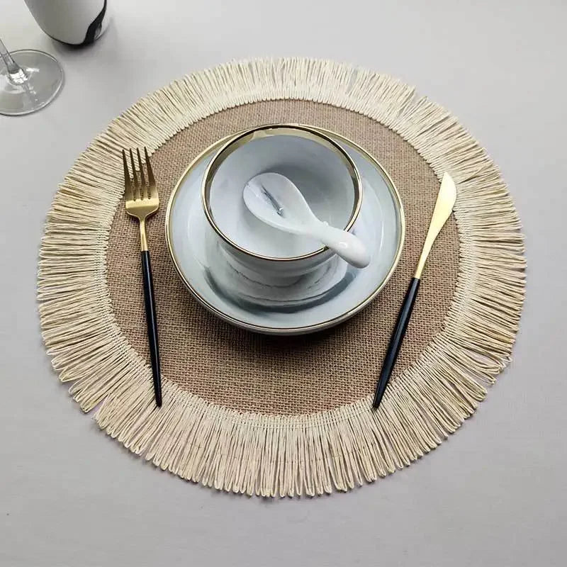 Boho Home Decor Hand-Woven Round Braided Placemats – Eco-Friendly Fringe Table Mats for Dining & Kitchen