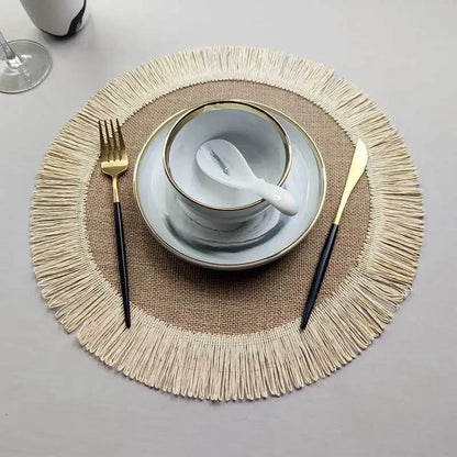 Boho Home Decor Hand-Woven Round Braided Placemats – Eco-Friendly Fringe Table Mats for Dining & Kitchen