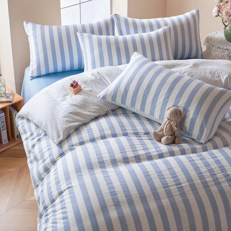 Blue Boho Striped Microfiber Bedding Set – 4-Piece Soft & Cozy Duvet Cover Set with Pillowcases & Flat Sheet