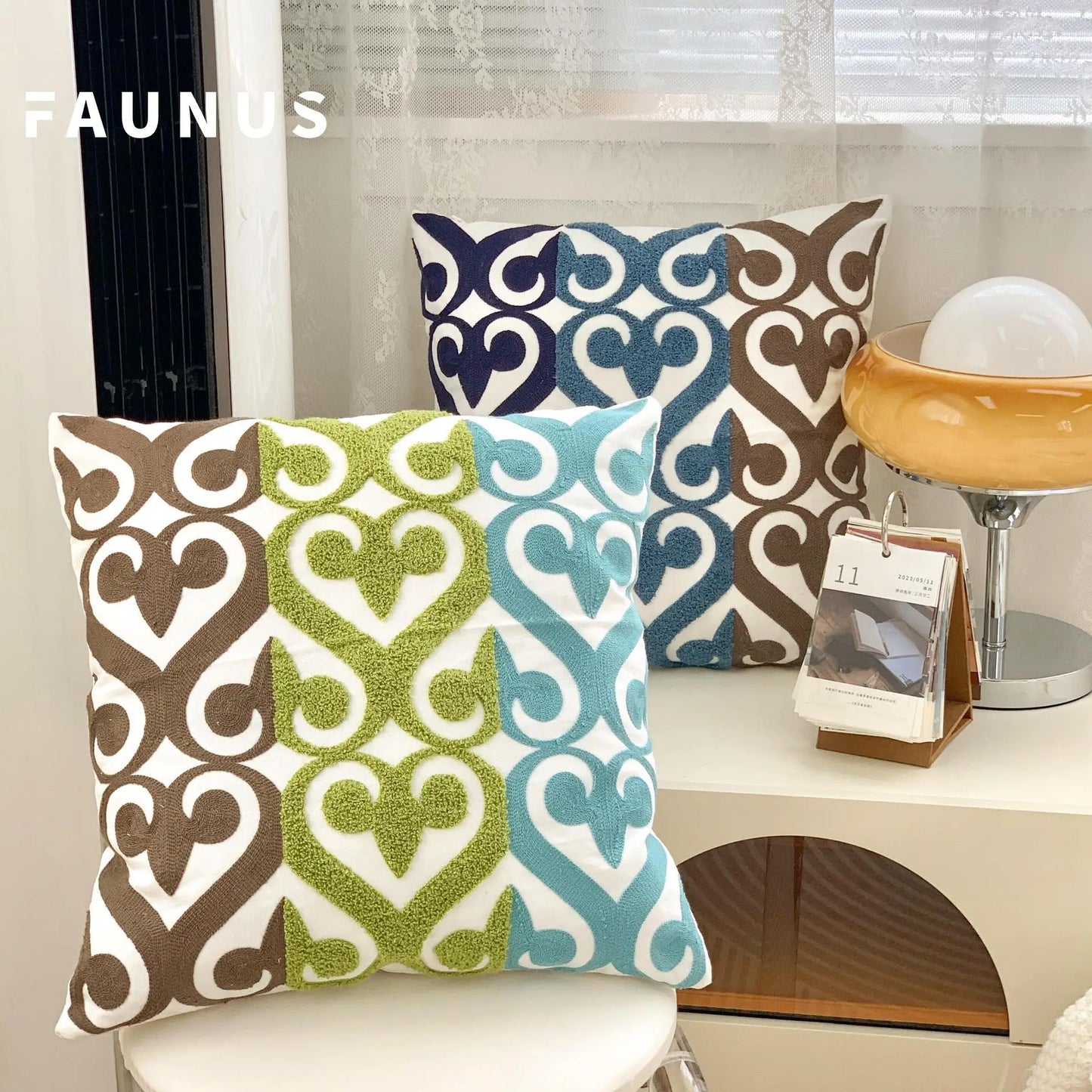 🌿 Green Leaf & Sunflower Embroidered Pillow Cover – 18 x 18 inches Boho Modern Cushion Cover for Sofa, Chair, or Car