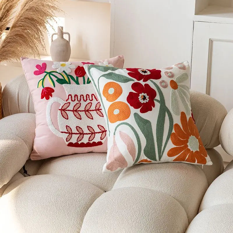 Boho Home Decor – Floral Embroidered Cotton Cushion Cover