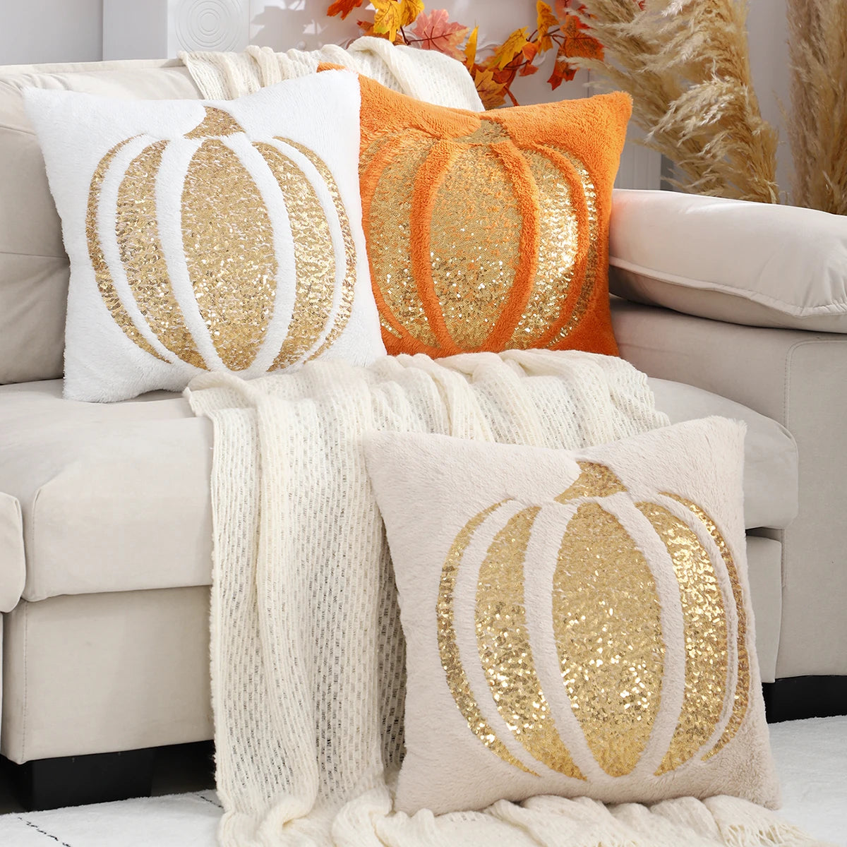 Pumpkin Gold Sequin Embroidered Pillow Cover – Plush Fall Accent for Cozy Autumn Vibes