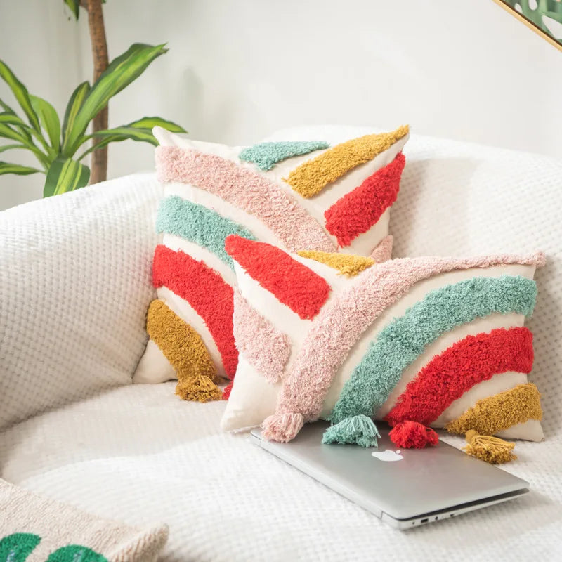 Vibrant Tufted Geometric Nature Embroidered Cushion Cover – Boho Patchwork Throw Pillow