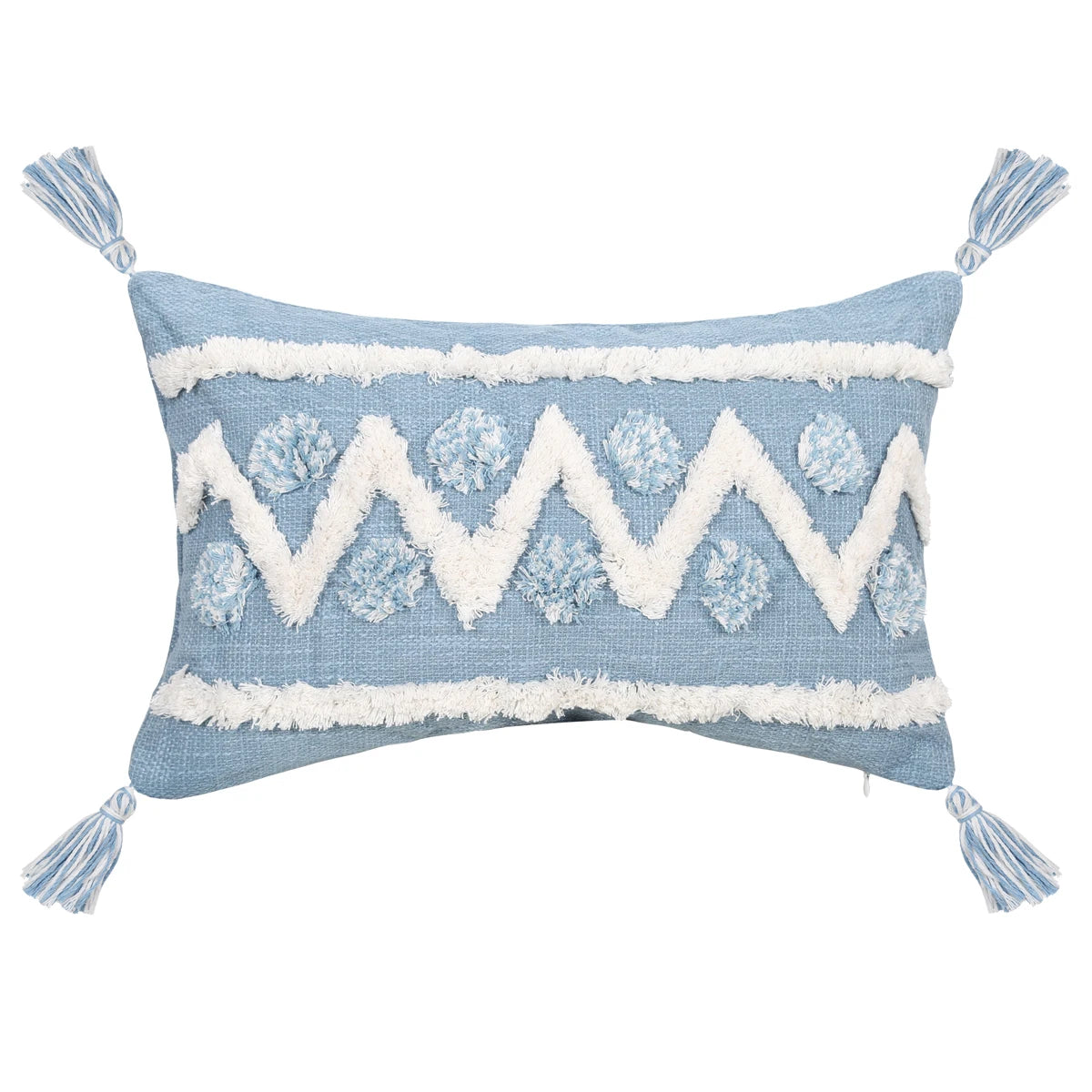Blue Geometric Tufted Pillow Cover with Tassels – Boho Home Decor Housewarming Gift Accent for Couch, Bed & Living Room