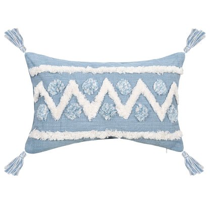 Blue Geometric Tufted Pillow Cover with Tassels – Boho Home Decor Housewarming Gift Accent for Couch, Bed & Living Room