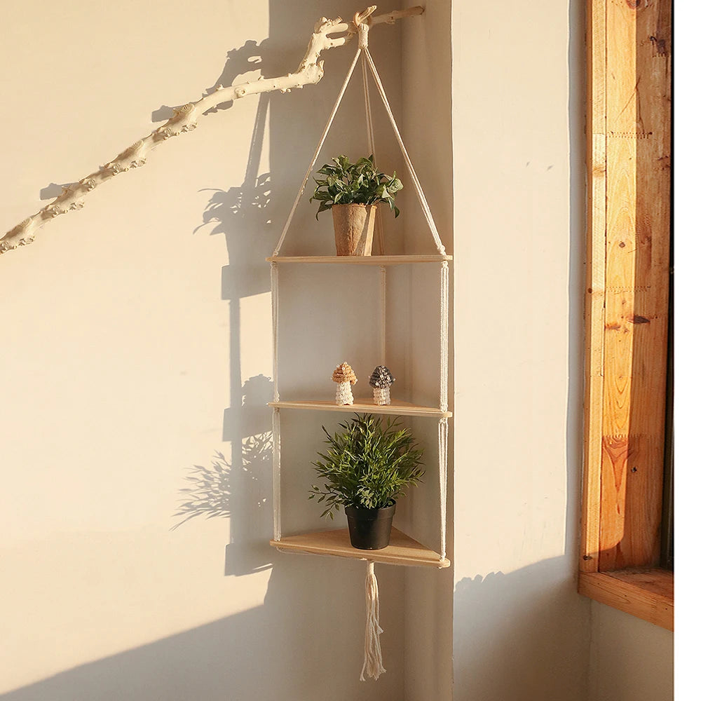 Boho Macrame Hanging Wooden Shelf – Handcrafted Floating Wall Shelf for Home Decor