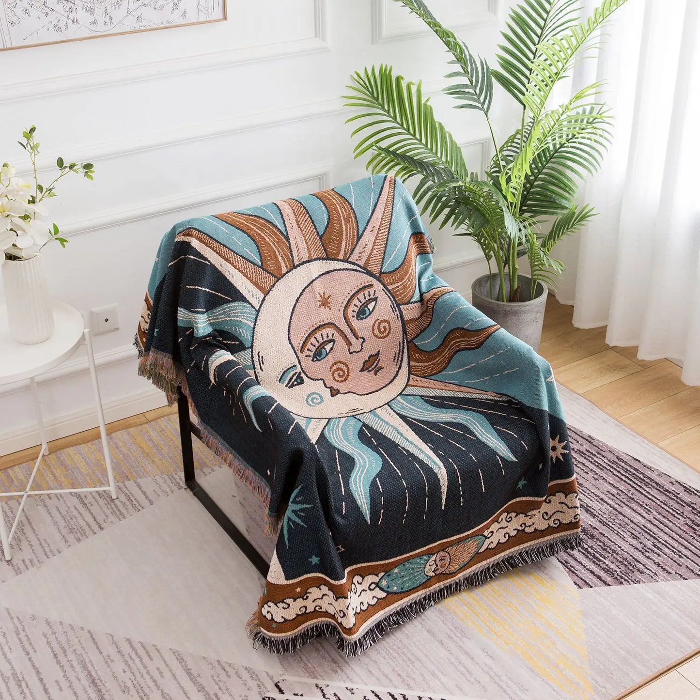 Moon and Sun Throw Blanket Sofa Cover Decorative Tassels Cotton Woven Couch Bed Boho Throws European Blankets 1Pc