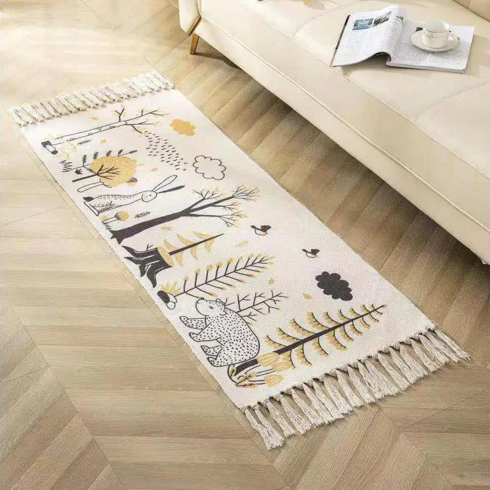 Boho Cotton Woven Forest Animal Geometric Rug – Anti-Slip Floor Mat for Living Room, Bedroom & Entryway