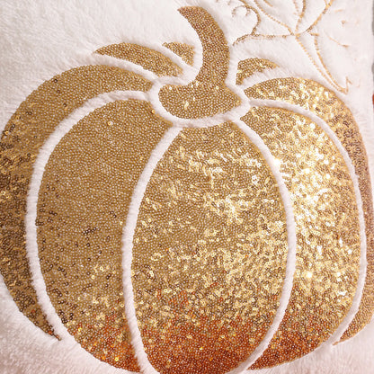 Halloween Pumpkin Gold Sequin Embroidered Plush Pillow Cover – Festive Throw Cushion for Sofa, Bed & Autumn Decor