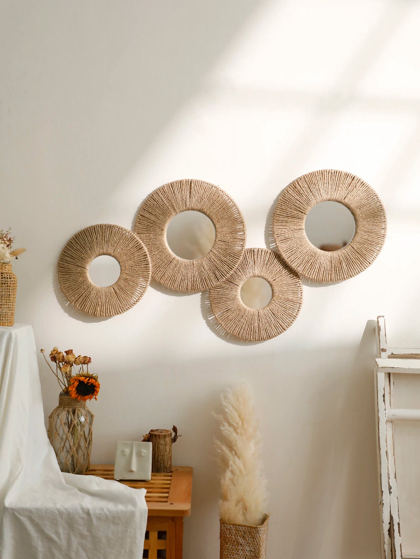 Round Wall Mirror Hanging Decorative Mirrors With Woven Hemp Rope Boho Wall Decor for Bedroom Living Room