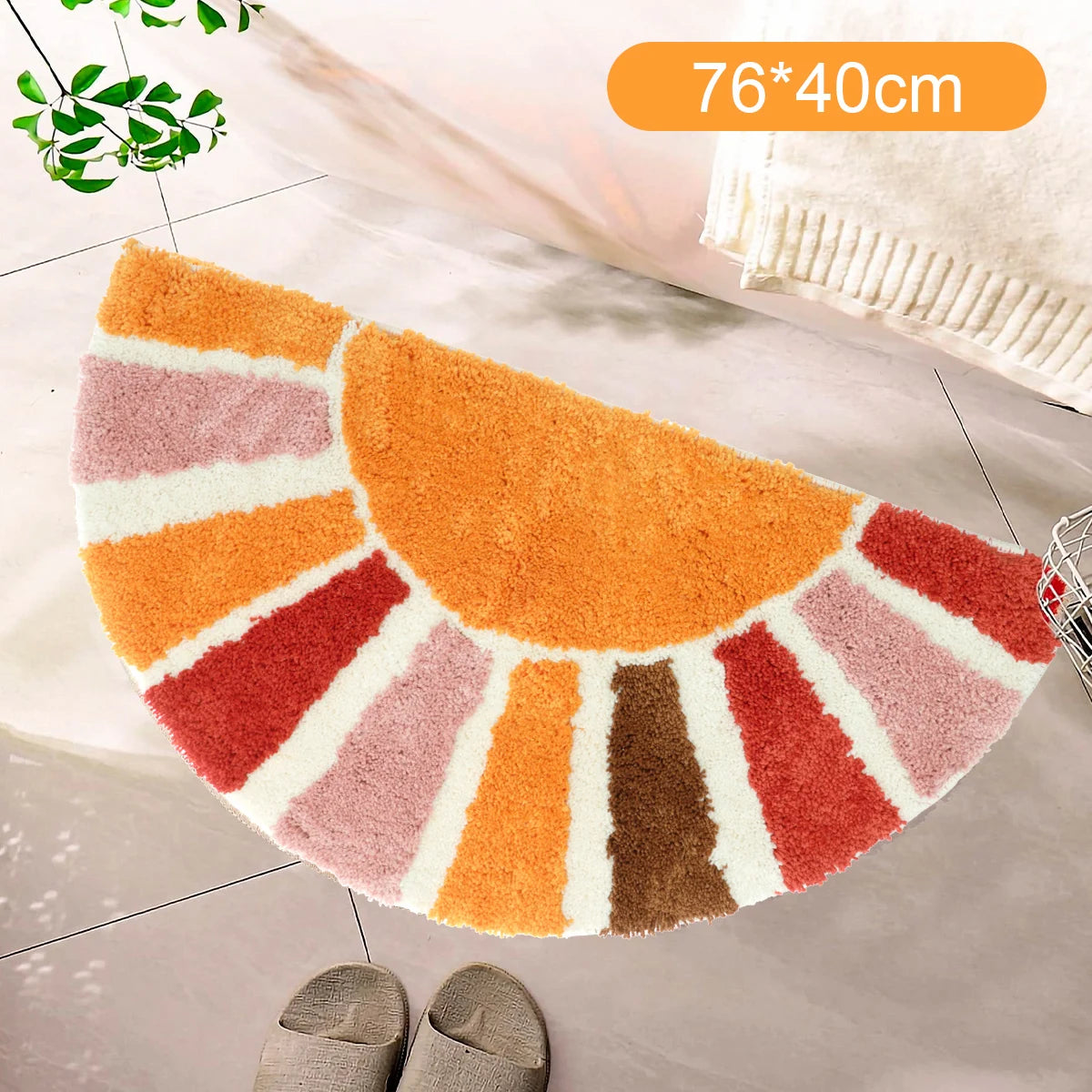 Colorful half-circle rug on a tiled floor with dimensions 76*40cm. boho home decor, sunflower door mat, half circle rug, plush entry mat, non-slip bath mat, boho floor mat, floral floor rug, bathroom rug, farmhouse decor, cozy home gift, housewarming gift, living room mat, pastel home accents, cute doormat