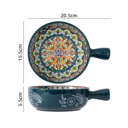 Boho Floral Green Ceramic Plate or Bowl – Retro Dinnerware for Breakfast, Salad, or Soup