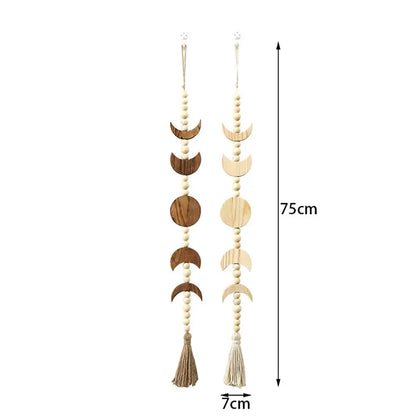 Wood Moon Phase Wall Hanging Boho Tassel Celestial Ornament Wood Bead Garland Living Room Wall Decor Home Decoration