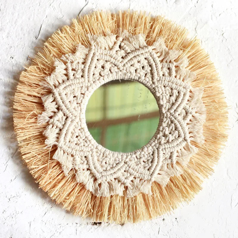 Round mirror with macrame frame on a textured white background boho home decor, boho wall mirror, macrame wall mirror, nordic decor, romantic wedding wall decoration, housewarming gift, round straw mirror, woven wall decor, tapestry mirror, boho bedroom wall accent, rustic mirror wall hanging
