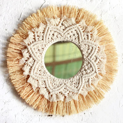 Round mirror with macrame frame on a textured white background boho home decor, boho wall mirror, macrame wall mirror, nordic decor, romantic wedding wall decoration, housewarming gift, round straw mirror, woven wall decor, tapestry mirror, boho bedroom wall accent, rustic mirror wall hanging