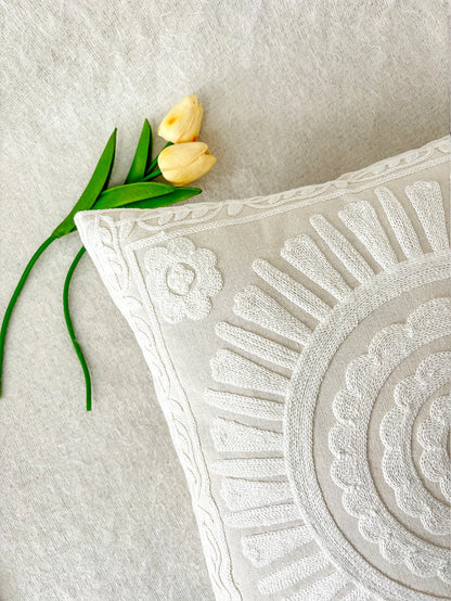 White French Floral Embroidered Pillow Cover – Elegant Boho Home Decor Accent