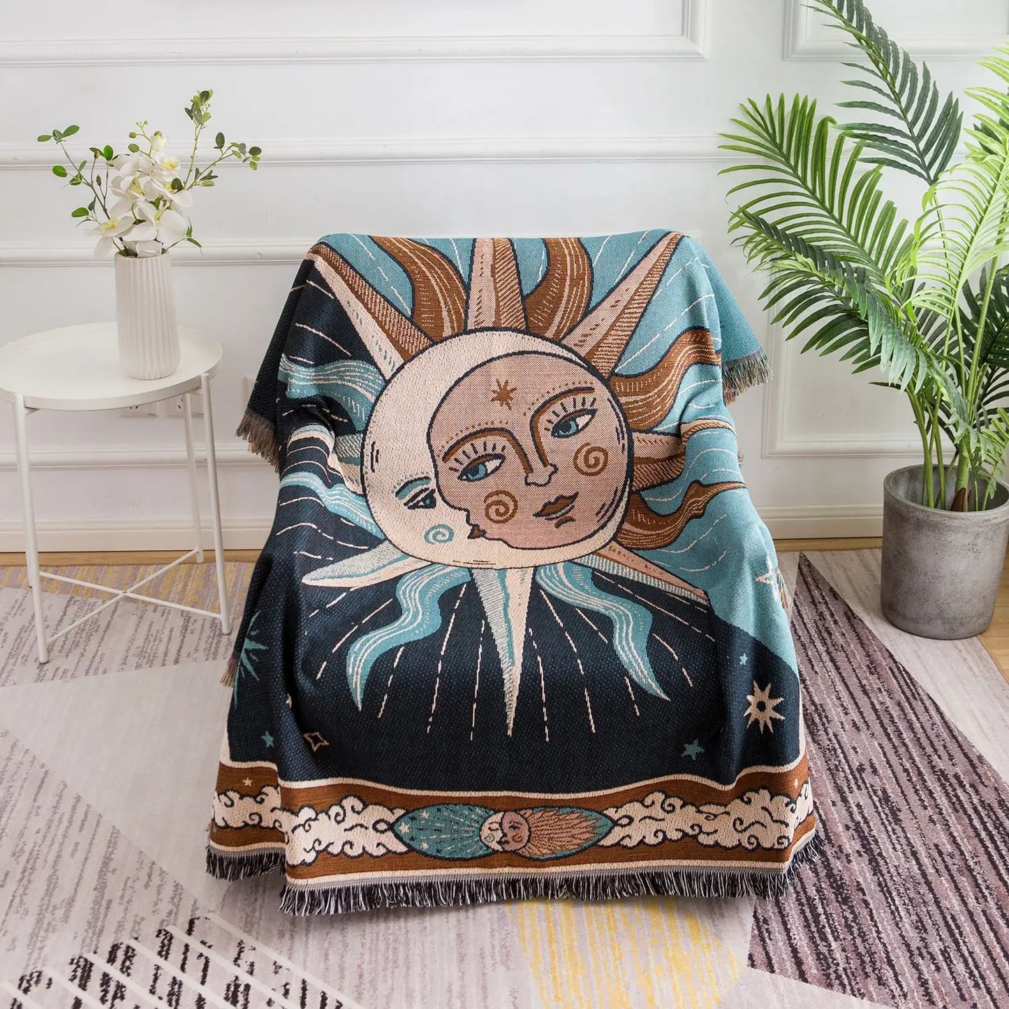 Moon and Sun Throw Blanket Sofa Cover Decorative Tassels Cotton Woven Couch Bed Boho Throws European Blankets 1Pc