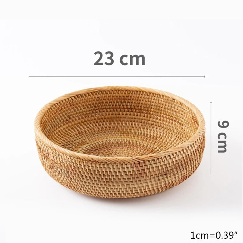 Woven basket with dimensions labeled on a white background boho home decor, rattan basket, handwoven wicker basket, fruit storage box, bread basket, picnic basket, natural storage bin, tea storage box, rustic home organization, farmhouse decor, housewarming gift, boho storage basket