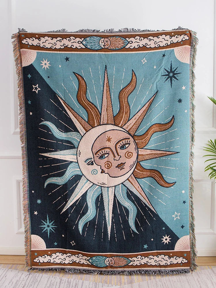 Moon and Sun Throw Blanket Sofa Cover Decorative Tassels Cotton Woven Couch Bed Boho Throws European Blankets 1Pc