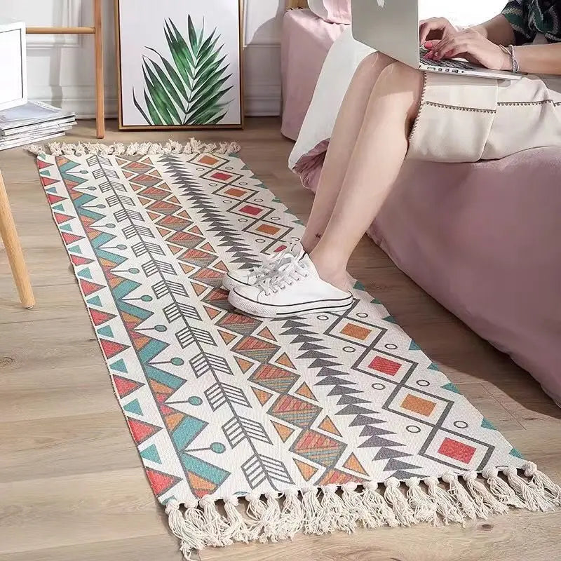 Boho Cotton Woven Geometric Rug – Anti-Slip Floor Mat for Living Room, Bedroom & Entryway