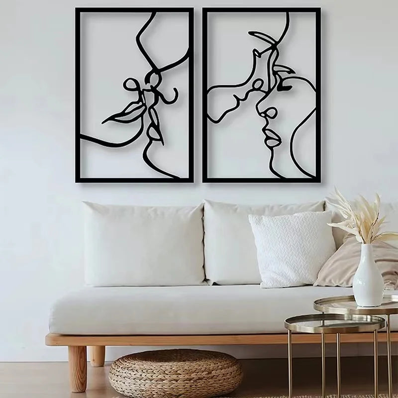 Woman Face Body Outline Kiss Silhouette Iron Wall Hanging Decor Abstract Line Ornament Beautiful Art for Living Room Bedroom Home Artwork Decor