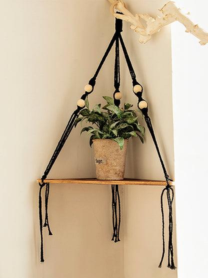 Boho Macrame Hanging Wooden Shelf – Handcrafted Floating Wall Shelf for Home Decor