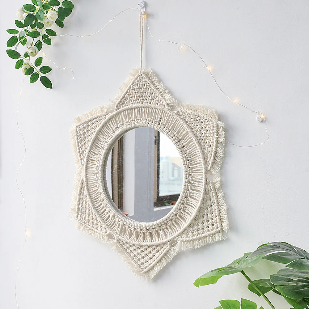Wall Circle Mirror Macrame Boho Home Decor Mirrors for Bedroom Baby Room Decoration Nursery Sun Star Shaped