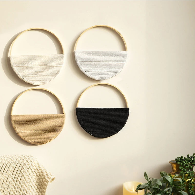 2Pcs Hand Woven Bohemian Wall Hanging Circular Wooden Cotton Rope Wall Decor Art Chic Bedroom Living Room Tapestries