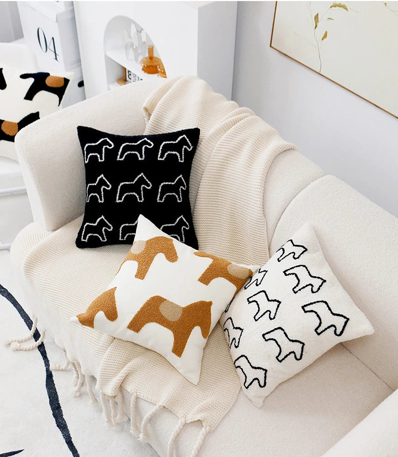 My Boho Home Nordic Embroidered Animal Pillow Cover – Modern Boho Plush Cushion for Couch, Bed or Nursery Horses