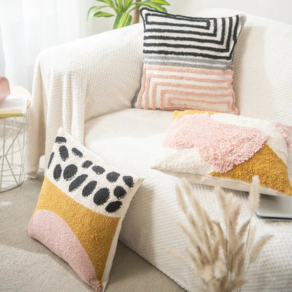 Vibrant Tufted Geometric Nature Embroidered Cushion Cover – Boho Patchwork Throw Pillow