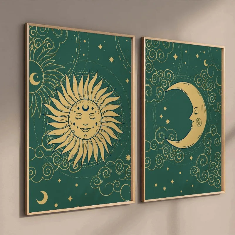 Two framed artworks with gold sun and moon designs on a green background.