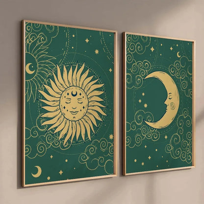 Two framed artworks with gold sun and moon designs on a green background.
