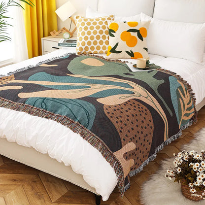 Boho Tassel Throw Blanket Abstract Leaves