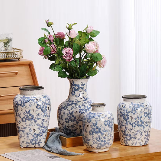 Vintage Blue & White Ceramic Vase – Elegant Porcelain Floral Vase for Boho Home Decor