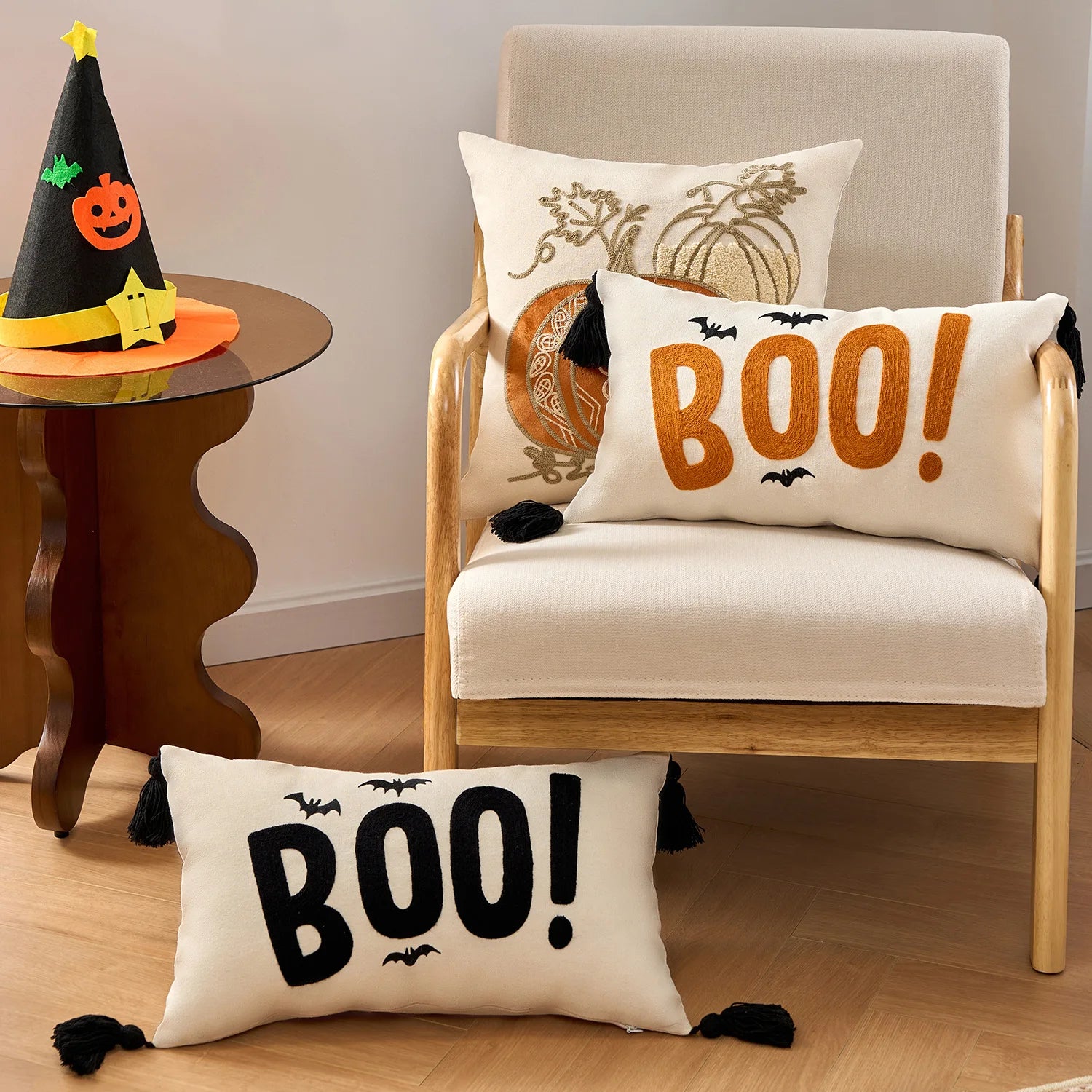 Boo Halloween maple pumpkin throw pillow cover with festive lettering, autumn-themed decorative cushion for sofa, bed, and seasonal home decor