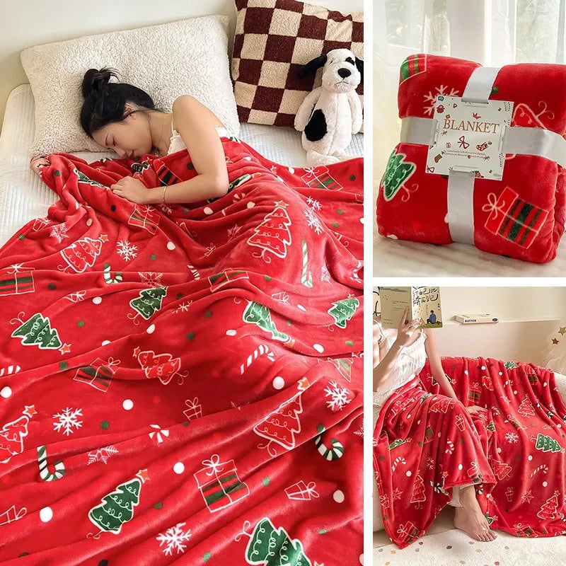 Red Christmas-themed blanket being used by a person, with packaging and another person using the blanket.