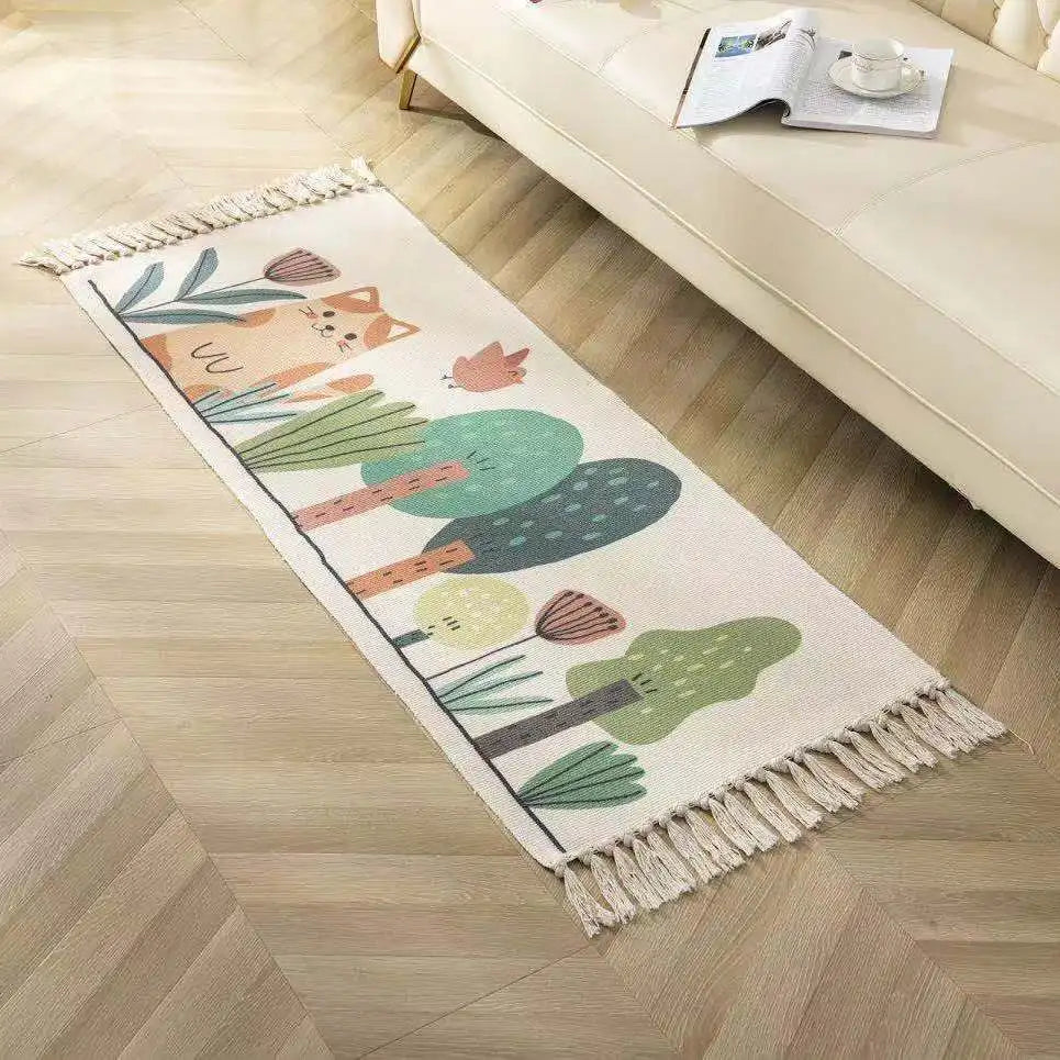 Boho Cotton Woven Forest Cat Geometric Rug – Anti-Slip Floor Mat for Living Room, Bedroom & Entryway