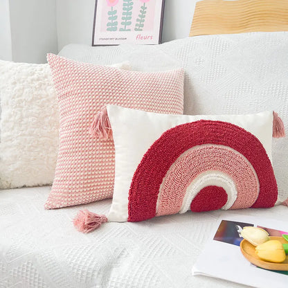 Rainbow Embroidery Cushion Cover Sofa Decorative Throw Pillow Cover Nordic Boho Style Tassel Pillowcase Home Decor