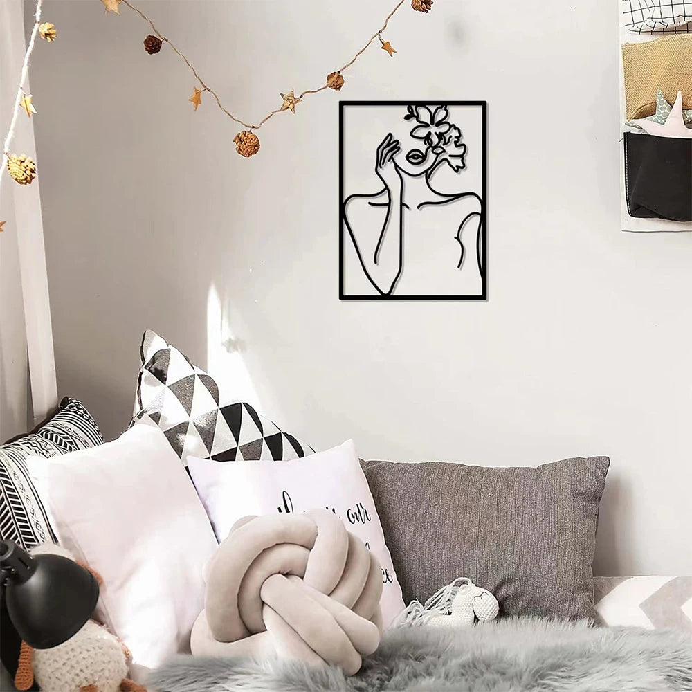 Woman Face Body Outline Kiss Silhouette Iron Wall Hanging Decor Abstract Line Ornament Beautiful Art for Living Room Bedroom Home Artwork Decor