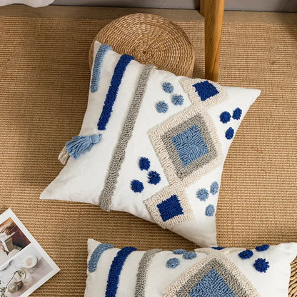 Boho Loop Tufted Cushion Cover – Handmade Cotton Canvas Pillow with Tassels & Embroidery