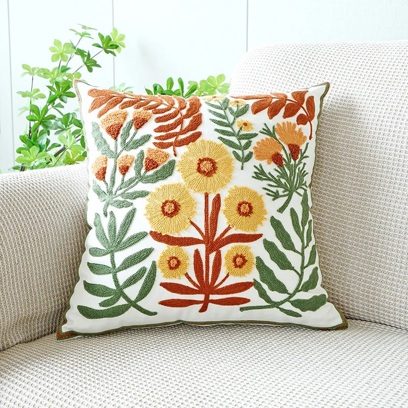 Embroidered Flower Throw Pillow Covers – Boho Cotton Cushion Covers for Bed, Sofa & Home Decor Housewarming Gift for Boho Lover 