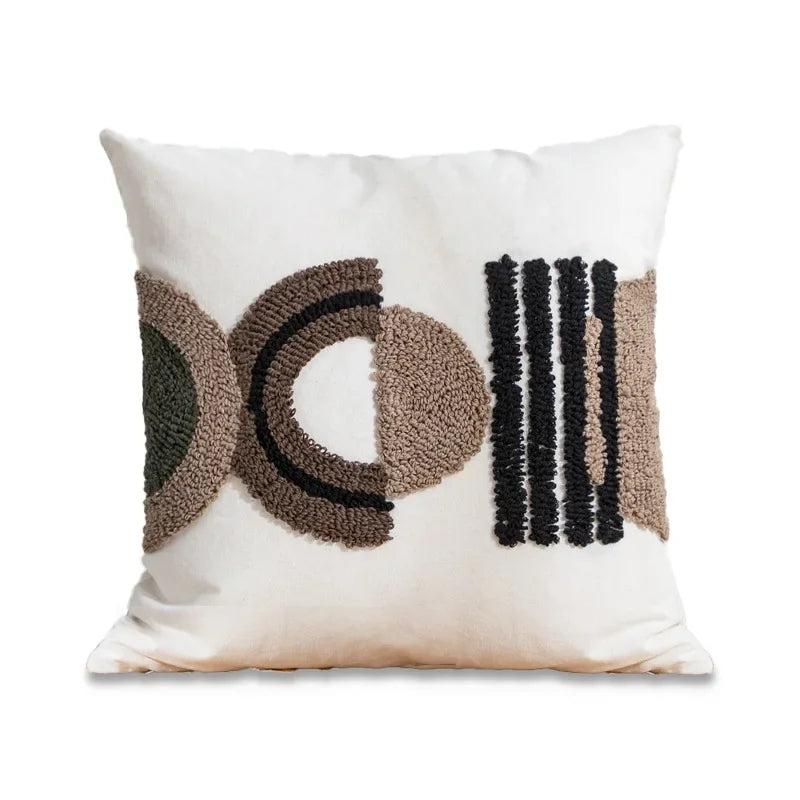 Decorative pillow with geometric pattern on a white background Nordic blue tufted cushion cover with geometric stripe and grid crochet pattern, tassel pillow cover for sofa, bed, and boho home decor