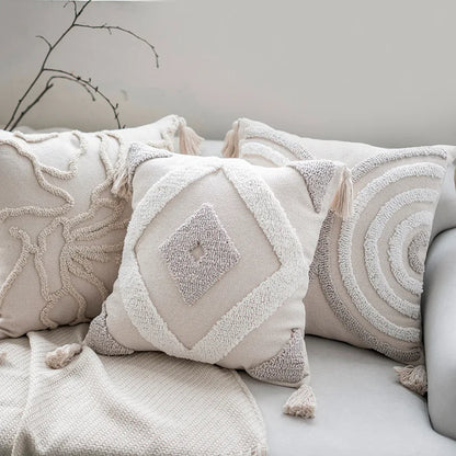 Boho Tufted Cushion Cover – Handcrafted Geometric Pillowcase with Tassels