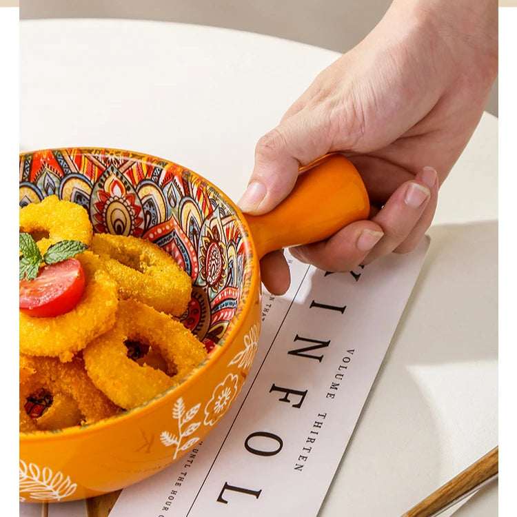 Bohemian Ceramic Single Handle Bowl – Artistic Bowl for Soups, Noodles & More