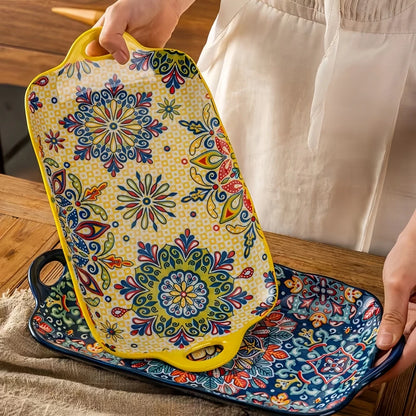 Boho Ceramic Fish Dish with Handle – Rectangular Serving Tray for Oven & Microwave