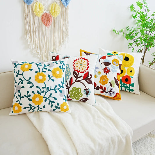 Boho Home Decor Floral Embroidered Pillow Covers – Square Decorative Cushion Case for Sofa & Home