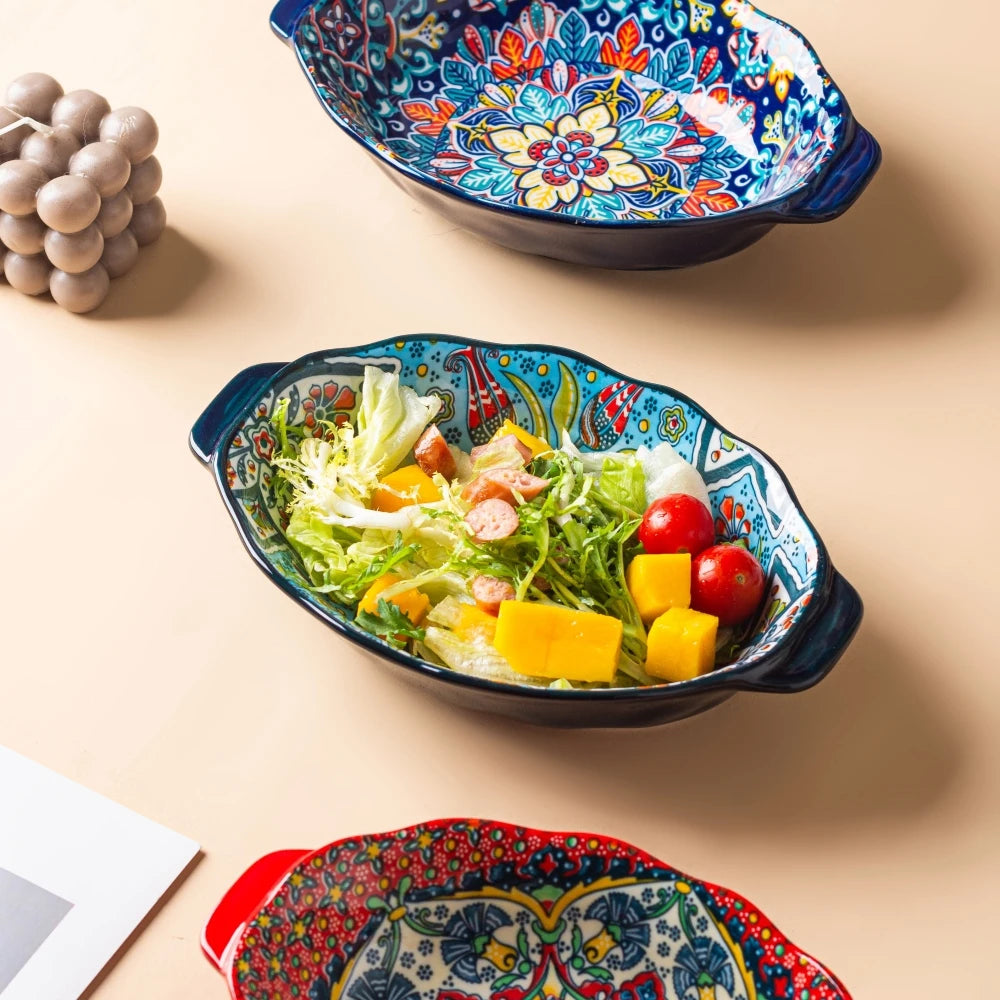 Bohemian Egg-Shaped Ceramic Baking Plate – 9" Colorful Oval Pasta, Salad & Fruit Dish